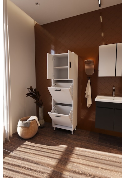 Nergiz Çamaşır Sepetli Çok Amaçlı Banyo Dolabı Beyaz Çift Bölmeli Düzenleyici Dolap