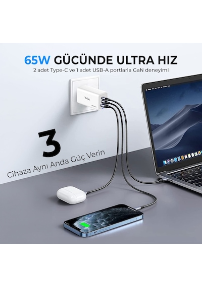 Bix BX3P66G GaN 65W Üç Portlu Şarj Cihazı Beyaz