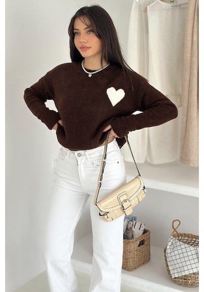 Noa & Noa Kadın Kalpli Kalın Triko Kazak Oversize & Minimal Romantik Stil Kahverengi