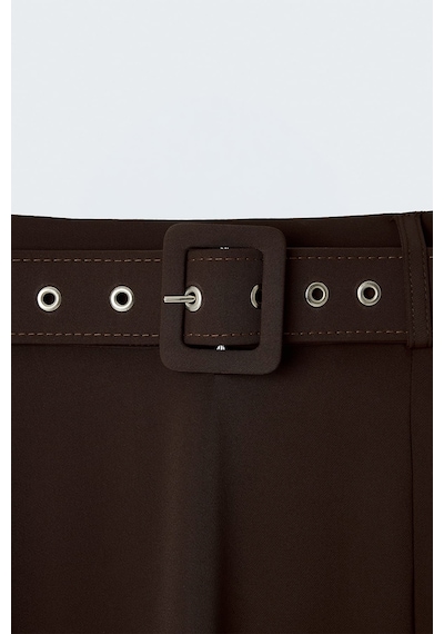 Sateen Kemerli Yırtmaç Detaylı Kloş Etek - Kahve-137414