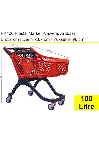 Pk100 Plastik Market Alışveriş Arabası 100 Litre Kırmızı / En:57 Boy:87 Yükseklik:98 Cm