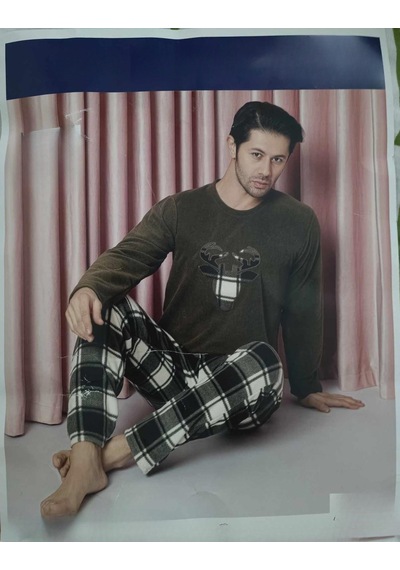 Sude Erkek Bisiklet Yaka Kışlık Polar Pijama Takımı A100/71 - 1 Adet Haki