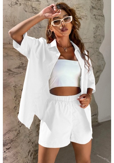 Cool Tarz Kadın Oversize Gömlek Şort Takım Yazlık 2 Li Kombin Rahat Kesim Beyaz