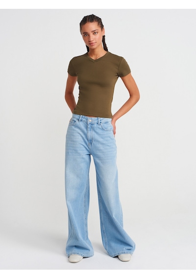 Dilvin 31673 V Yaka T-shirt-haki Haki
