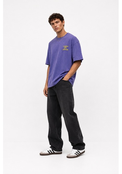 Respire Erkek Puf Baskılı Yıkamalı Oversize T-shirt Mor