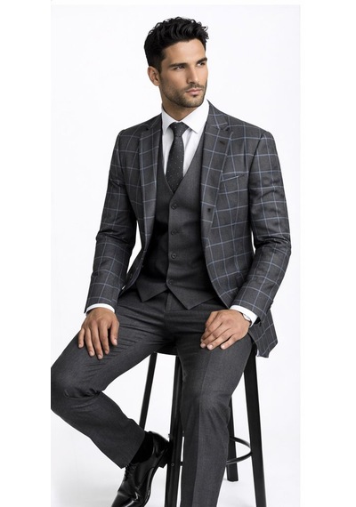 Fabio Cassel Slim Fit Mono Yaka Çift Yırtmaçlı Astarlı Takım Elbise Yelekli Gri