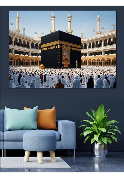 Ahşap Tablo Kabe Etrafında İbadet Eden Kalabalık