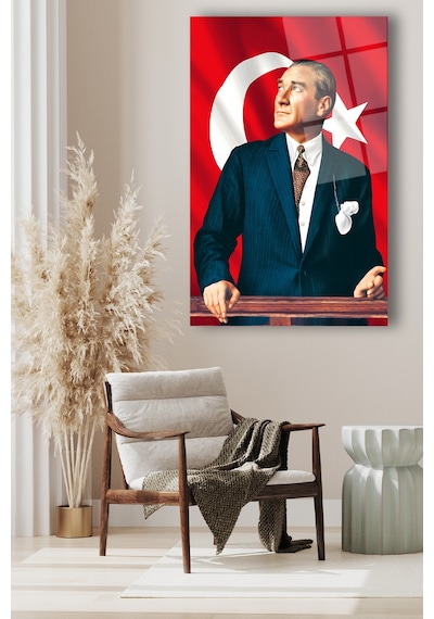 Mustafa Kemal Atatürk Ve Türk Bayrağı Dikey Cam Tablo Modern Ev Ofis Salon Hediyelik Büyük Tablo