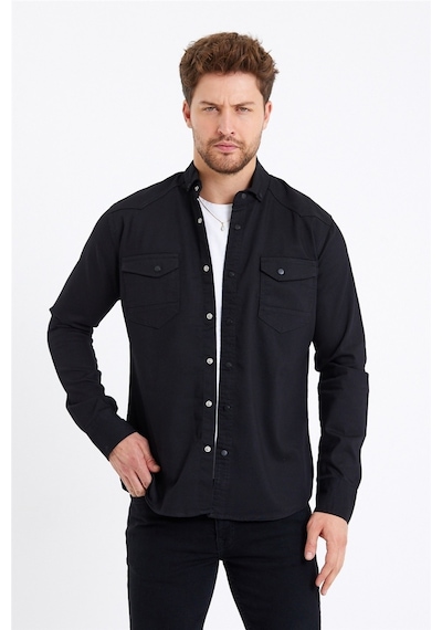 Tarz Cool Erkek Çift Cepli Çıt Çıt Düğmeli Slim Fit Kot Gömlek Siyah