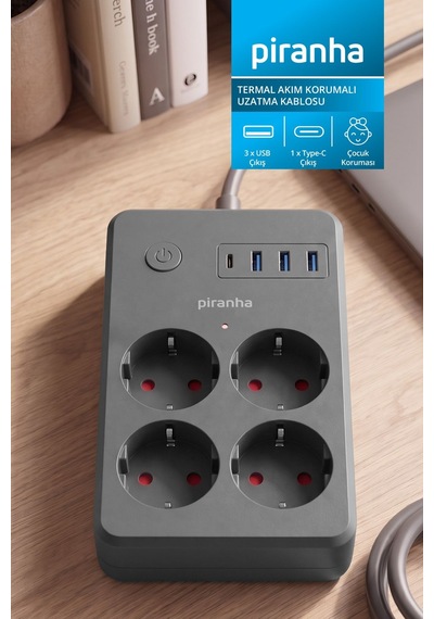 45700 Akım Korumalı 4'lü Priz 3 X Usb Çıkış 1 X Type-c Çıkış Çocuk Koruması 2m Kablo 2 M