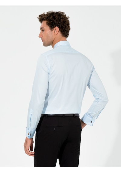 Cacharel Açık Mavi Slim Fit %100 Pamuk Klasik Yaka Basic Gömlek Denım