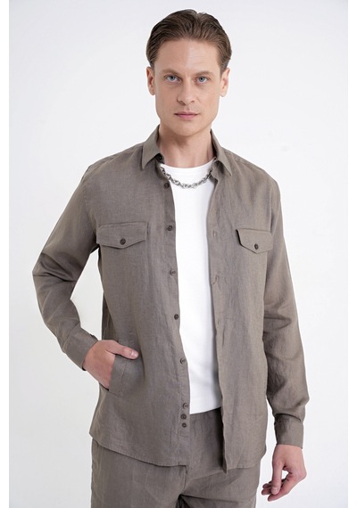 Comfort Fit Yan Cepli %100 Keten Haki Gömlek Ceket G 1602