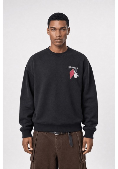 Respire Erkek Members Only Baskılı Oversize Sweatshirt Siyah
