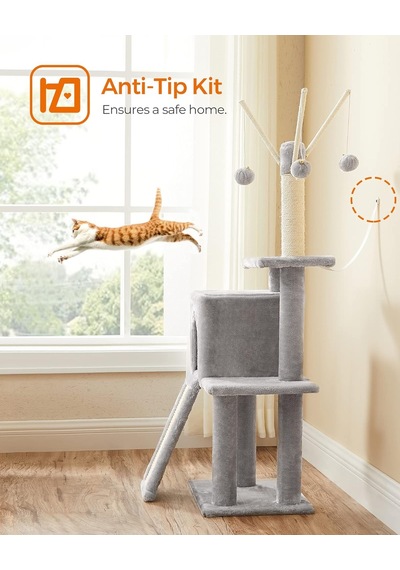 Tr Pct143w01 Kedi Ağacı, Tırmalama Tahtalı, 3 Çıkarılabilir Ponpon Çubuğu, 118 Cm, Açık Gri