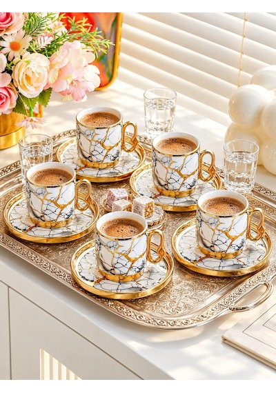 Valkyrie 12 Parça 6 Kişilik 80 Ml Türk Kahvesi Fincan Takımı Gold Mermer Desenli