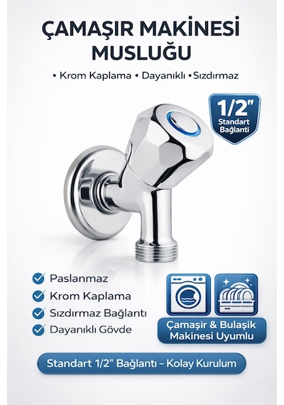 Çamaşır Makinesi Musluğu 1/2'' Krom Pirinç Dayanıklı Sızdırmaz Bulaşık Makinesi Uyumlu Metalik