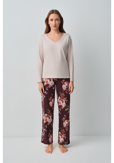 Suwen Mimoza Pamuklu Pijama Takımı Wsh10510155662 Bordo