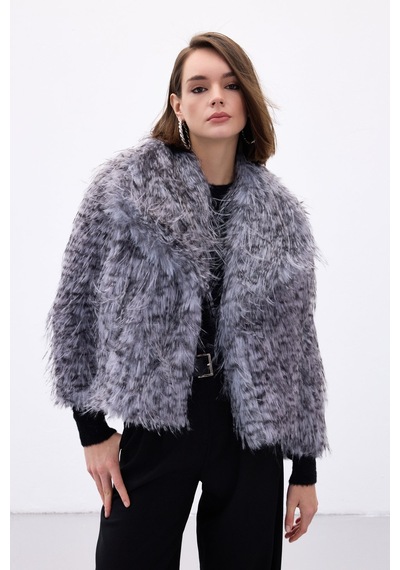 Sateen Leopar Desenli Kürk - Gri-136711 Gri