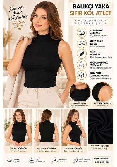 Kadın Balıkçı Yaka Sıfır Kol Atlet Siyah, Esnek Kumaş, Vücuda Oturan Basic Kolsuz Body - Ryl - 2614