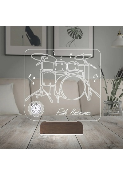 Luvivia Baterist Hediye Bateri Müzik Nota Kişiye Özel Metal Saatli 3d Lamba - Masa Gece Lambası Şeffaf