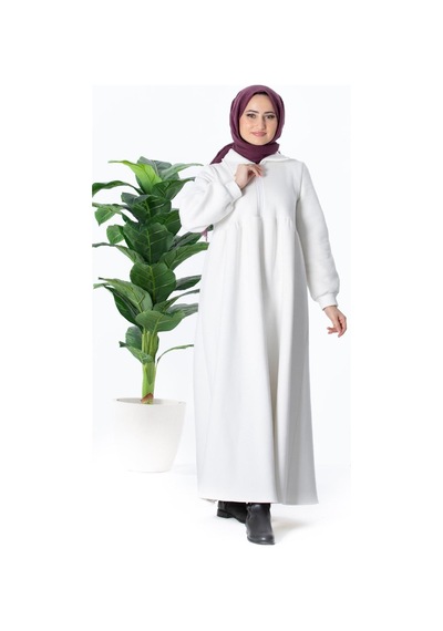 Sevitli Beli Büzgülü 3 İplik Elbise - Beyaz-1402-gül Kurusu Gülkurusu