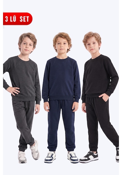 Panios Kids 3'lü Erkek Çocuk Düz Bisiklet Yaka Çift Cepli Eşofman Takımı Füme-lacivert-siyah