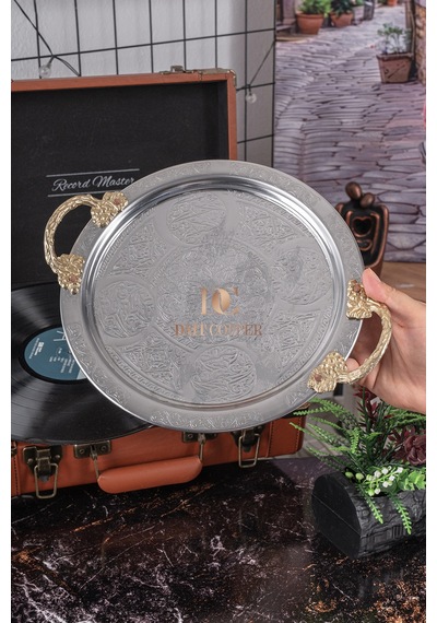 3 Adet 25 Cm Krom Çelik Kahve Tepsisi Pirinç Kulplu Nakışlı Desenli Dekoratif Servis Sunum Tepsisi Gümüş