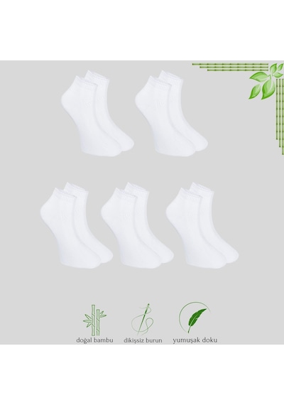 Kral Socks Erkek Bambu Düz Desen 5 Çift Dikişsiz Patik Çorap Beyaz