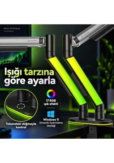 Npo Std11924 Everglow 17-35" 24kg Destekli Rgb Profesyonel Gaming Vesa Çift Kol Monitör Tutucu