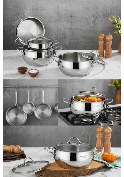 Polochef Pro Line 18/10 Paslanmaz Çelik Tencere Seti Kapaklı 6 Parça Silver 16-18-20 Cm Gümüş
