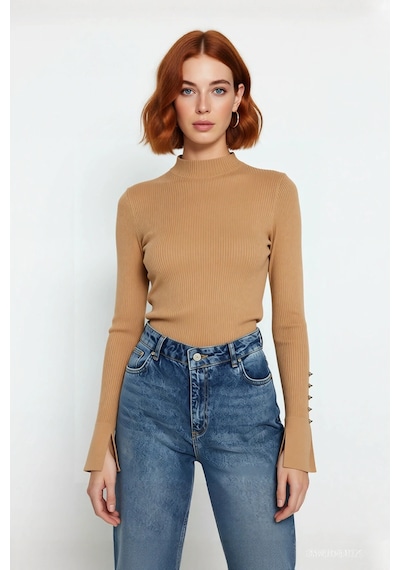 Ersefa Kadınlar İçin Dik Yaka Uzun Kollu Fitilli Dokuma Fitted Kesim Tri Camel