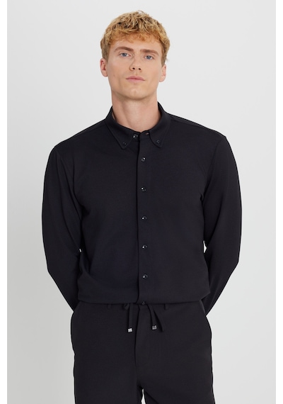 AC&Co / Altınyıldız Classics Erkek Sıyah Pamuklu Tailored Slim Fit Dar Kesim Düğmeli Yaka Örme Gömlek Siyah