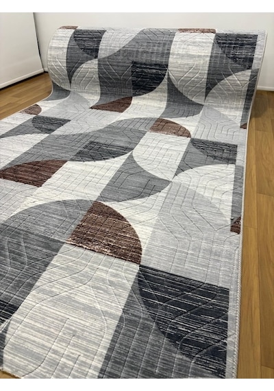 Kaymaz Taban Gri Kahve Modern Geometrik Yıkanabilir Salon Mutfak Koridor Yolluk Halı Gri-kahve