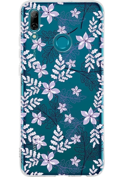 Huawei P Smart 2019 Uyumlu Kapak Floral Lila Tasarımlı Şeffaf Silikon Kılıf