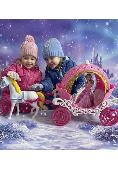 Prenses Oyuncak At Arabası Seti - Taçlı, Altın Detaylı, 25 Cm Uzunluk - Pembe/beyaz 1 Adet