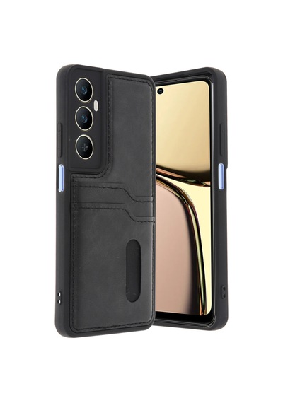 Realme C65 Uyumlu Deri Kartvizitli Kartlıklı Premium Telefon Kılıfı Kapak Siyah