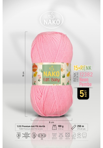 Elit Baby - 12382 Neon Pembe - 5'li Paket - 100gr/250m - Bebek İpi - Anti Pilling Tüylenmez İp
