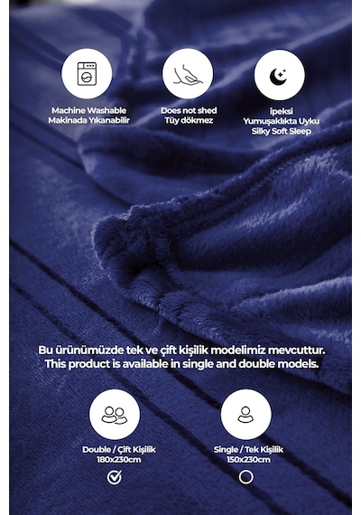 Evlen Home Mayer Supersoft Yumuşak Çift Kişilik Battaniye 180x230 Cm Lacivert Pudra
