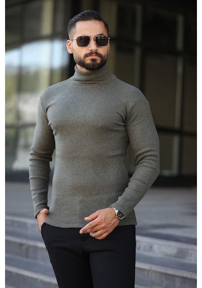Ribac 5'li Paket Yarım Boğazlı Erkek Kazak Haki - Beyaz