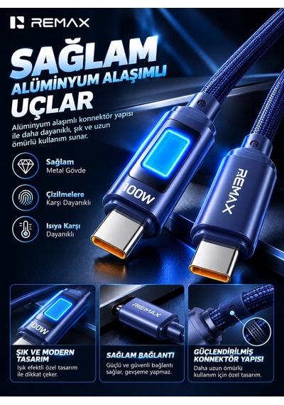 Remax Cb11-cc 100w Pd Type-c To Type-c 7 Renk Led Işıklı Örgülü Hızlı Şarj Ve Data Kablosu 1.2 Metre Lacivert