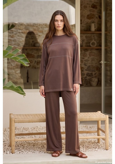 Lale Butik Dikiş Ve Etiket Detaylı Pantolonlu Takım 26228 Kahverengi