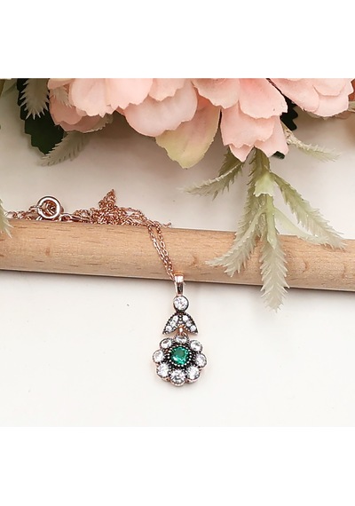 Yeşil Taşlı Papatya Model Set Rose Gold - Gümüş