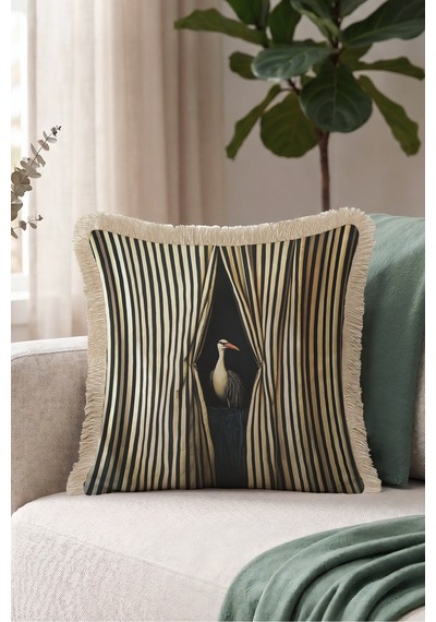 Zebra Egzotik Kuş Figür Saçaklı Yastık Kılıfı-sahne Art Deco Siyah Bej Vizon Püsküllü Kırlent Kılıfı Uzak Düş Nova