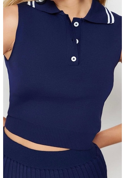 Ersefa Moda Renk Bloklu Polo Yaka Casual Günlük Polo Yaka Pileli Etekli Lacivert