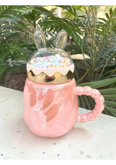 Tavşan Kapaklı Ponpon Kupa Mug Pembe
