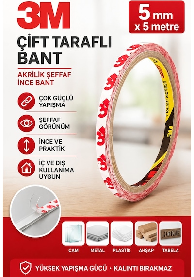 3m Çift Taraflı Bant Şeffaf İnce Akrilik Güçlü Yapışkan Bant 5 Mm X 5 Metre 1