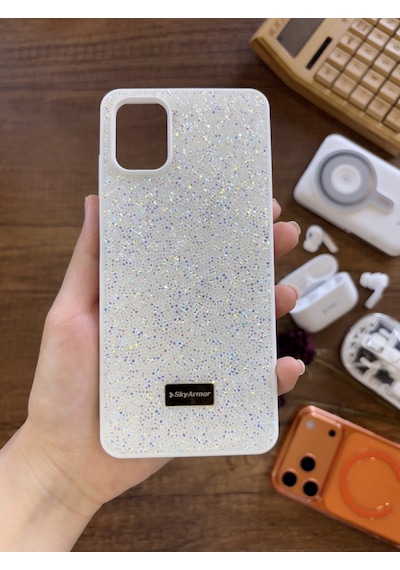Samsung A06 Uyumlu Kadife İç Yüzey Tasarımlı Taşlı Işıltılı Parlak Pırlanta Kılıf Dia Plus Beyaz