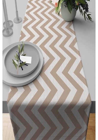 Bej Zigzag Desenli Premium Masa Örtüsü Runner Rnr139n11