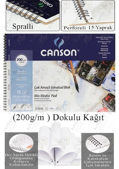 Çok Amaçlı Sanatsal Blok 35x50 Cm 200 Gr 15 Yaprak 1 Adet Canson Resim Defteri Akrilik Yağlı Guaj Keçeli Sulu Boya