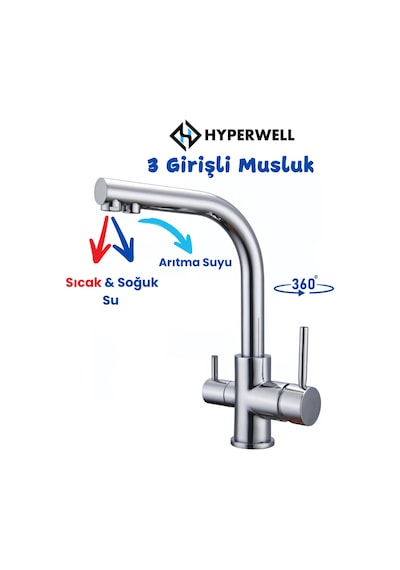 Hyperwell 3 Girişli Mutfak Bataryası - 3 Yollu Musluk 3 Fonksiyonlu Musluk - Sıcak, Soğuk, Arıtma